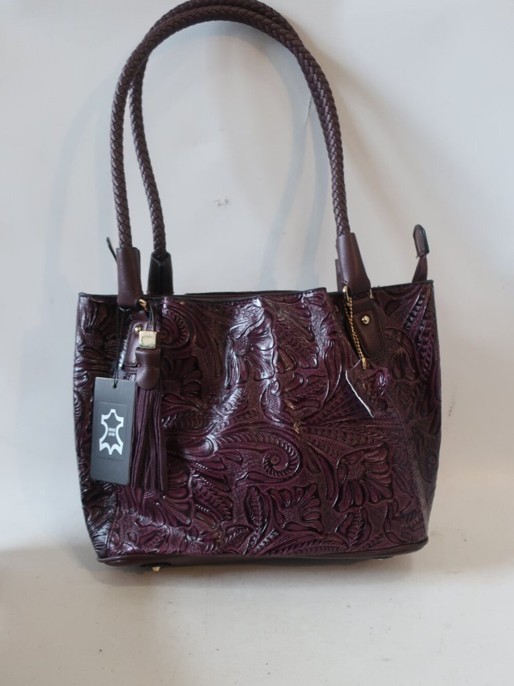 NWT Womens Madi Claire Plum Embossed Leather Satchel Shoulder Handbag